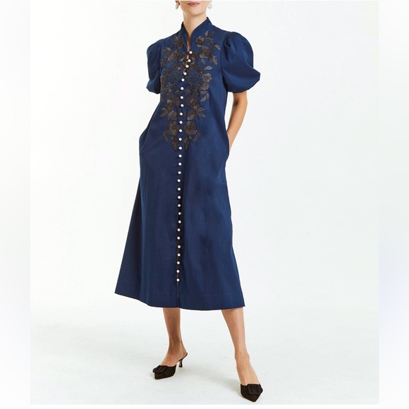 Mestiza New YorkElliana Cotton Poplin Mandarin Collar Short Sleeve Midi…